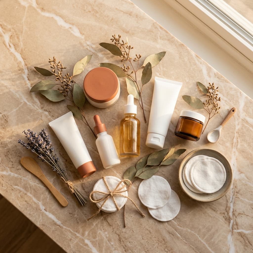 Skincare essentials flat lay