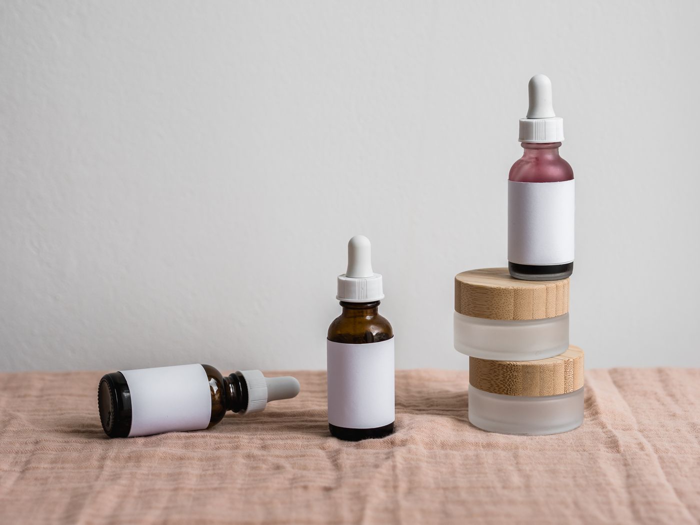 Amber bottles on linen